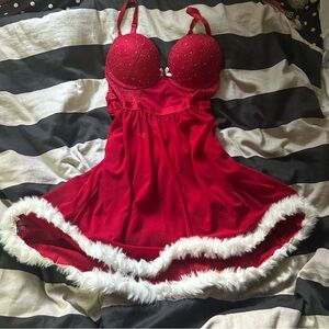Red Satin Holiday Babydoll Chemise with White Faux Fur Trim